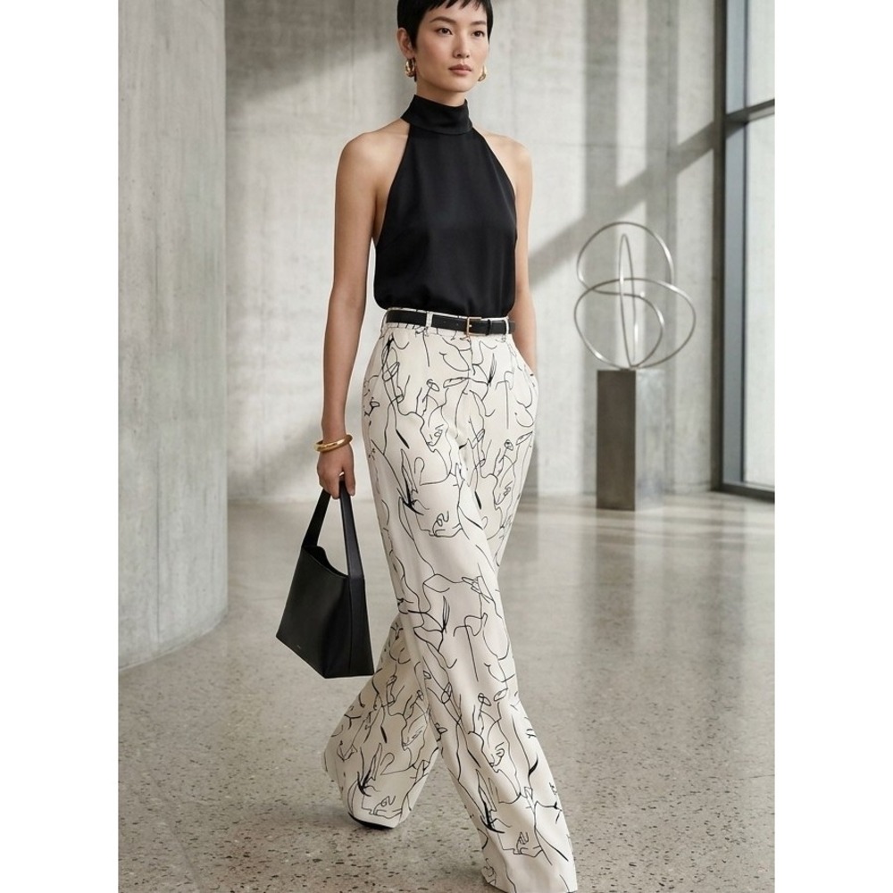 Stella Dallas I Am Woman Pants White Black Abstract Line Art Wide Leg Trousers M